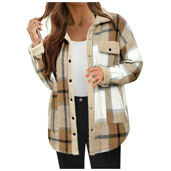 Siilsaa Womens Plaid Sherpa Lined Jacket Winter Button Up Flannel Jackets Oversized Fleece Fuzzy Warm Coat Jackets Khaki,L