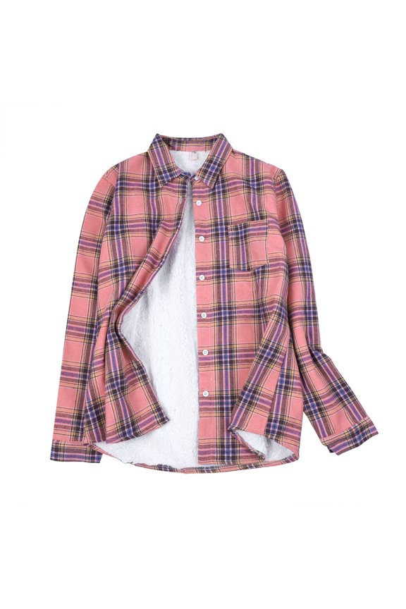 Womens Sherpa Lined Flannel Jacket with Hand Pockets, Plaid Button Down Fuzzy Shirt Jackets I,L