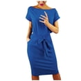 thumbnail image 1 of Siilsaa Womens Short Sleeve Crewneck Striped Basic Solid Tie Waist Office T Shirt Dress Blue,M, 1 of 5