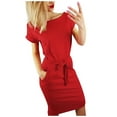 thumbnail image 1 of Siilsaa Womens Short Sleeve Crewneck Striped Basic Solid Tie Waist Office T Shirt Dress Red,M, 1 of 4