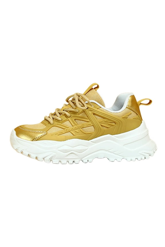 Womens Sneakers Wide Fashion Sneaker Walking Lace-up Running Shoes Gold,7