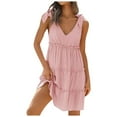 thumbnail image 1 of Siilsaa Womens Summer Casual V Neck Sleeveless Mini Dress 2024 Tie Shoulder Tiered Ruffle Swing A Line Short Pink,S, 1 of 5