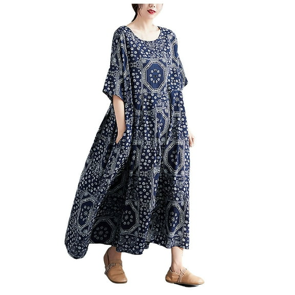 Siilsaa Womens Summer Dresses Women Summer Floral Casual Wrap Ruffle Sleeveless Midi Sun Dress Navy,One Size