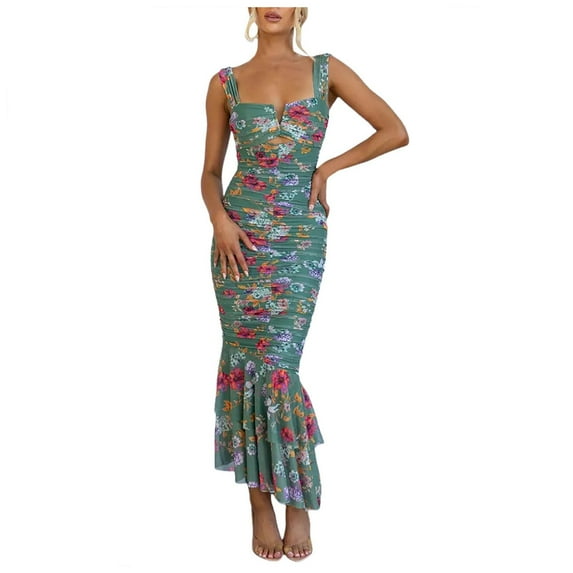 Siilsaa Womens Summer Dresses Women's Summer Casual Dresses Floral Party Dress Green,S