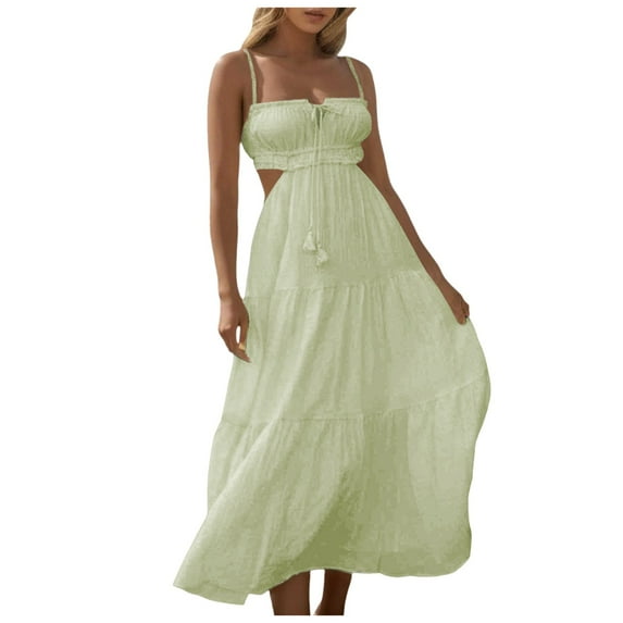 Siilsaa Womens Summer Spaghetti Strap Long Dress Boho Low Cut Dress Backless Bodycon Midi Dress Bohemian Maxi Dress Beachwear Green,L