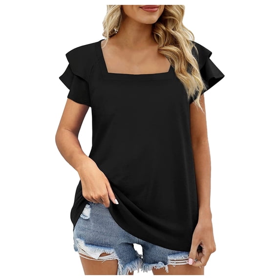 Siilsaa Womens Summer Tops Ruffle Short Sleeve V Neck T-Shirts Casual Loose Fit Black,S