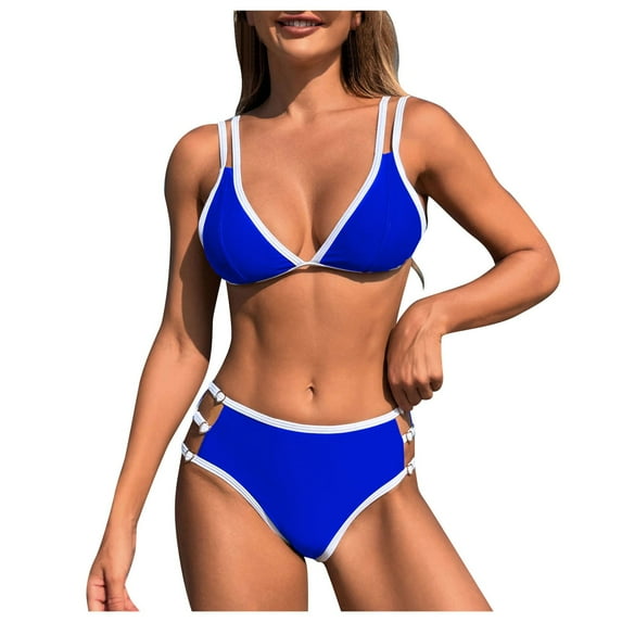 Siilsaa Womens Swimsuits Womens Swimwear Women 2 Piece Bikini Set High Waisted Color Block Swimsuit 2025 Summer Beach Scrunch Ribbed Bathing Suit Blue,S