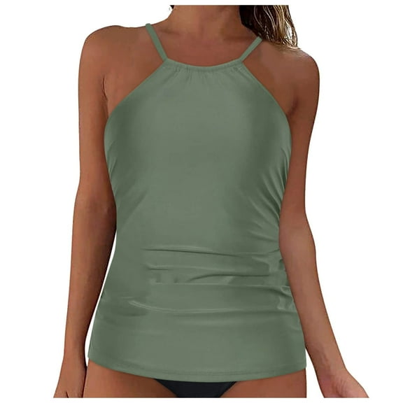 Siilsaa Womens Tankini Tops High Neck Bathing Suit Tops Slim Fit Ruched Swim Tops Only UPF50+ Green,2XL