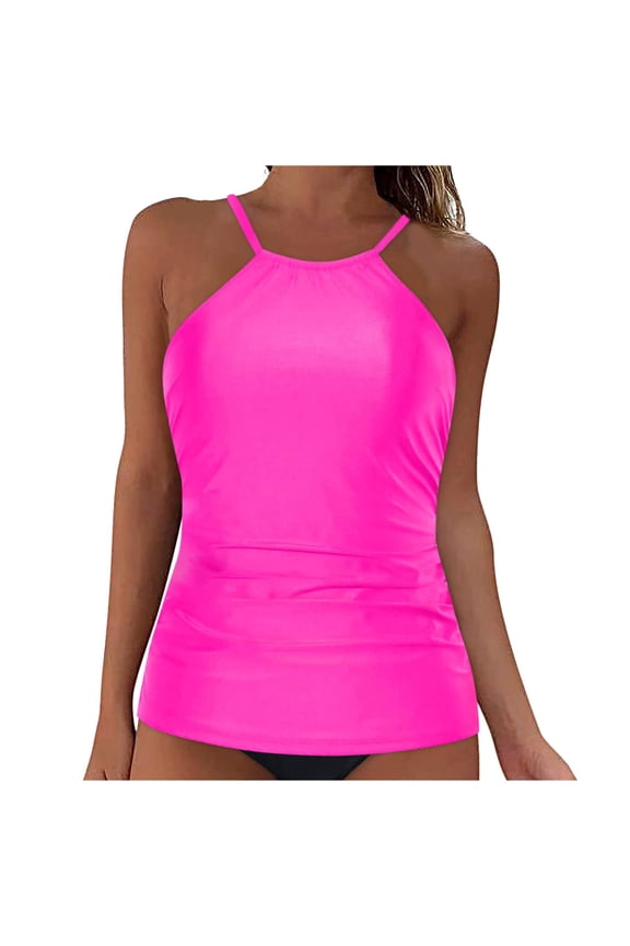 Womens Tankini Tops High Neck Bathing Suit Tops Slim Fit Ruched Swim Tops Only UPF50+ Hot Pink,2XL