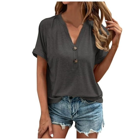 Siilsaa Womens Tshirts V Neck Short Sleeve Buttons Tops Tee Solid Color Blouse Loose Fit GY2,XL