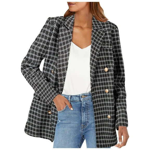 Siilsaa Womens Tweed Blazers Casual Jackets Long Sleeve Double Open Front Plaid Blazer Jackets Work Suits Black,S