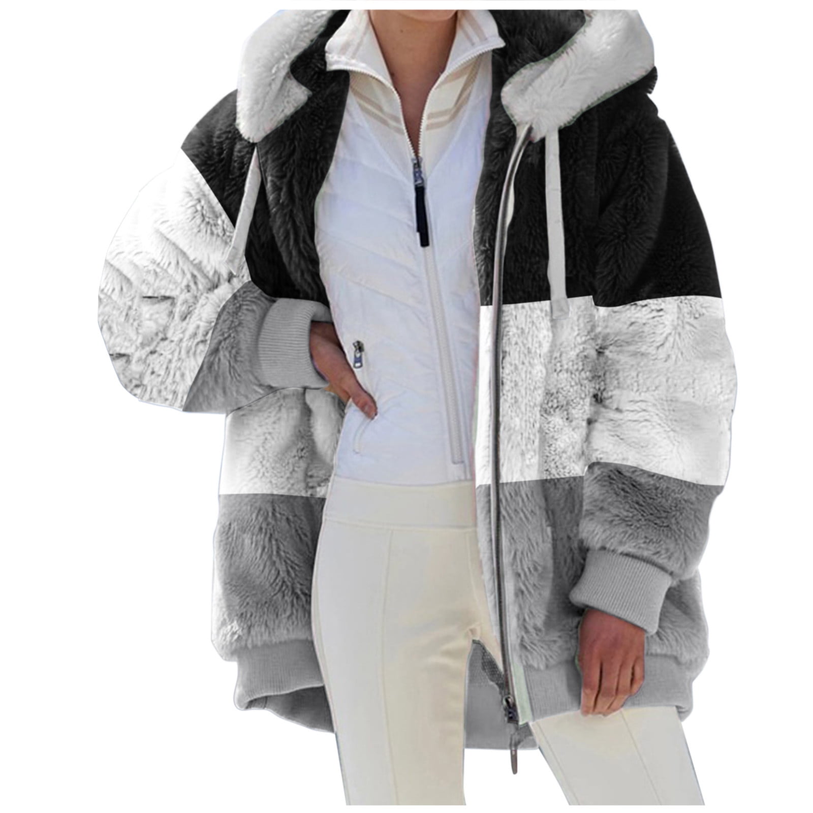 Full Size Fuzzy Zip Up Hooded Outerwear Plus Size