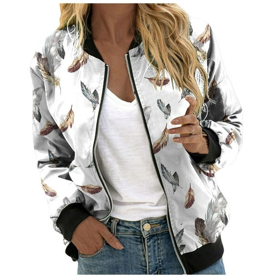 Siilsaa jacket for women waterproof jackets for women Leisure and Fashion Halloween Printed Pocket Zipper Top Coat White,2XL