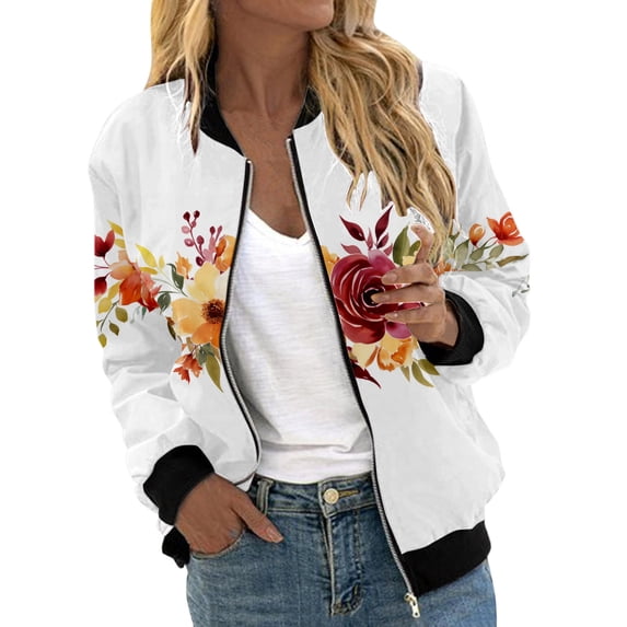 Siilsaa jacket for women waterproof jackets for women Leisure and Fashion Halloween Printed Pocket Zipper Top Coat White,XL