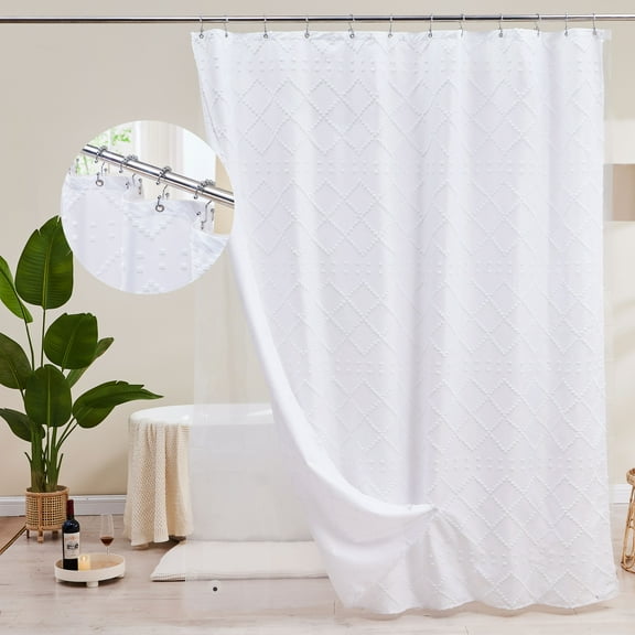 Siiluminisoy 3 in 1 Shower Curtain sets with Liner,Rust-Resistant Metal Hooks,Boho Textured Shower Curtain,Water-Repellent,Mold/Mildew-Resistant,Machine-Washable,72 x 72,White