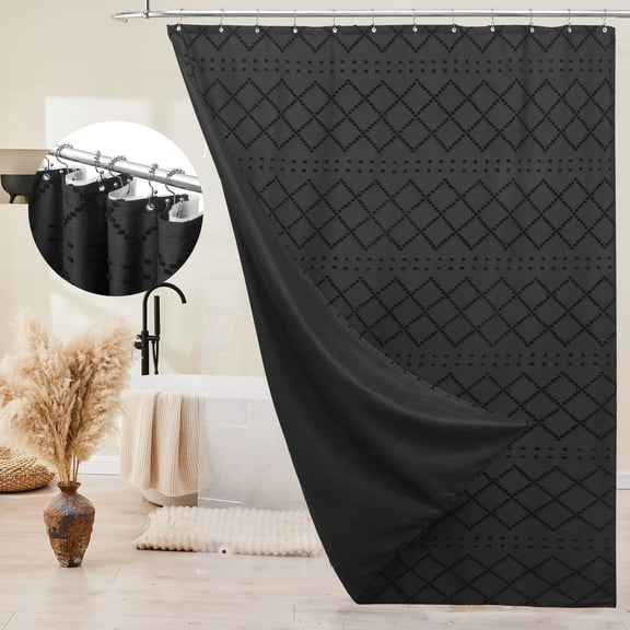 Siiluminisoy 3 in 1 Shower Curtain sets with Liner,Rust-Resistant Metal Hooks,Boho Textured Shower Curtain,Water-Repellent,Mold/Mildew-Resistant,Machine-Washable,72 x 72,Black
