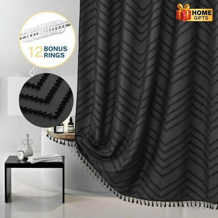 Siiluminisoy Black Boho Shower Curtain Fabric, Heavy-Duty Mold/Mildew-Resistant,Water-Repellent, Machine-Washable,Chevron Textured Design,72 x 72
