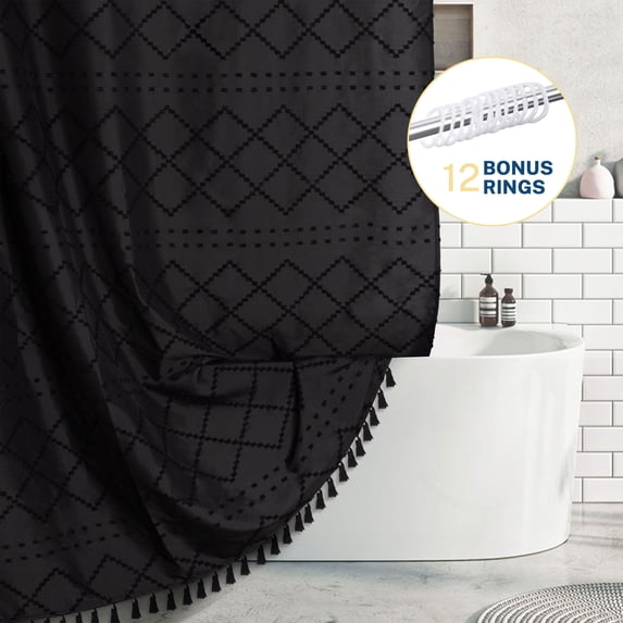 Siiluminisoy Black Extra Long Shower Curtains,Heavy-Duty Mold/Mildew-Resistant,Water-Repellent, Machine-Washable,Tufted Chevron Striped Textured Design,72 x 78