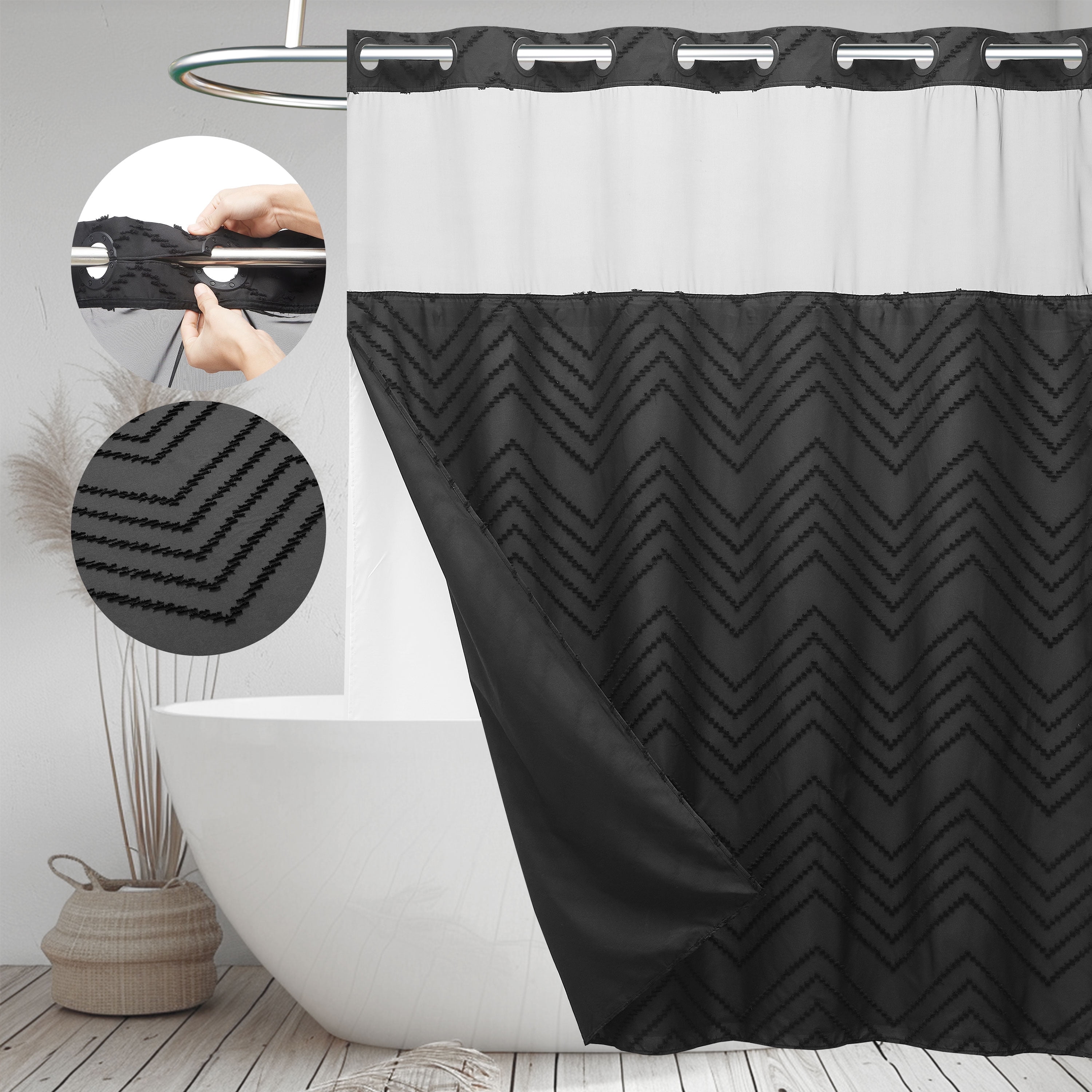 Siiluminisoy Black No Hook Shower Curtain with Snap in Liner, Chevron