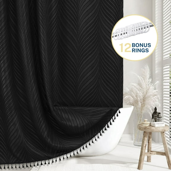 Siiluminisoy Black Shower Curtain,Heavy-Duty Mold/Mildew-Resistant,Water-Repellent, Machine-Washable,Boho Tufted Geometric Striped Design,72 x 72