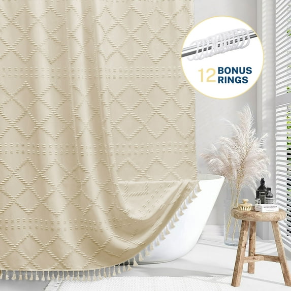 Siiluminisoy Beige Shower Curtains,Heavy-Duty Mold/Mildew-Resistant,Water-Repellent, Machine-Washable,Tufted Chevron Striped Textured Design,72 x 72