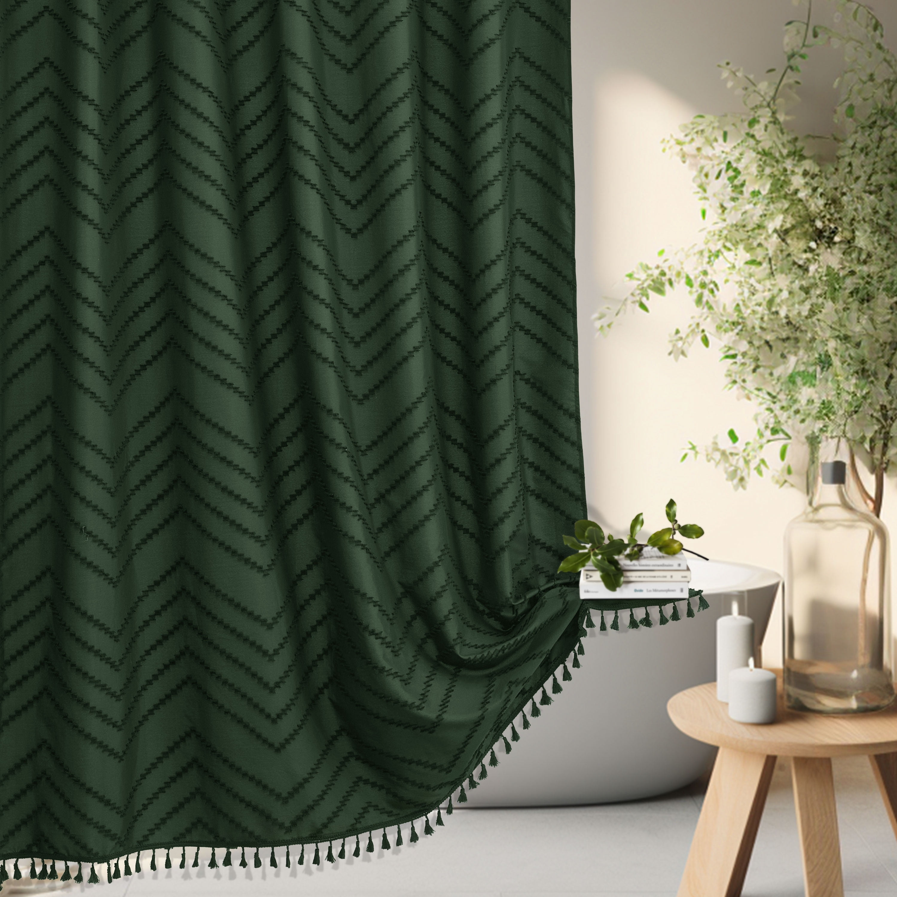 Siiluminisoy Boho Dark Green Shower Curtain, Fabric Tufted Chevron