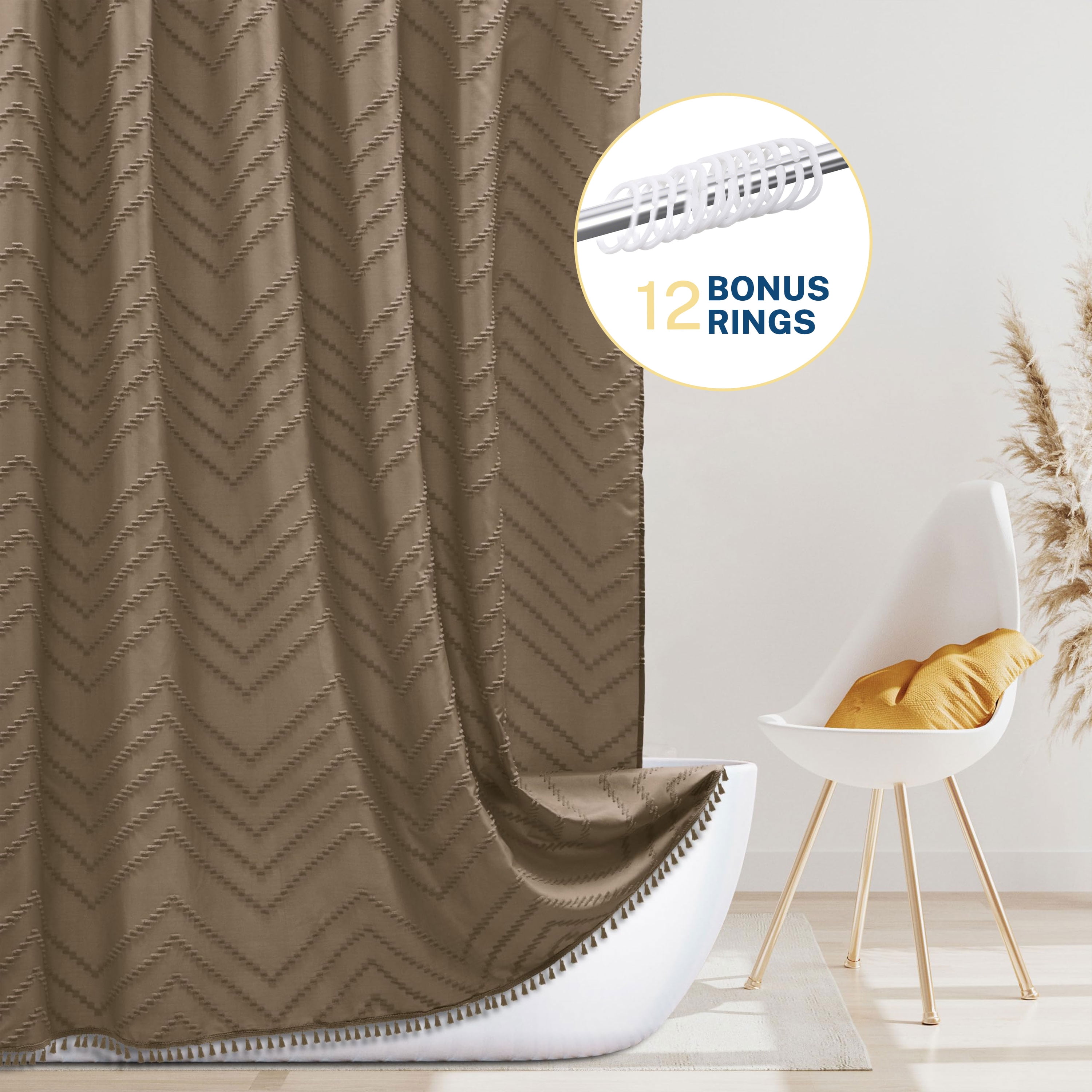 Siiluminisoy Boho Farmhouse Shower Curtain, Khaki Fabric Tufted Chevron Striped Textured Tassel Shower Curtains for Bathroom, 72x72 Water Repellent Cloth Shower Curtain Set with Hook