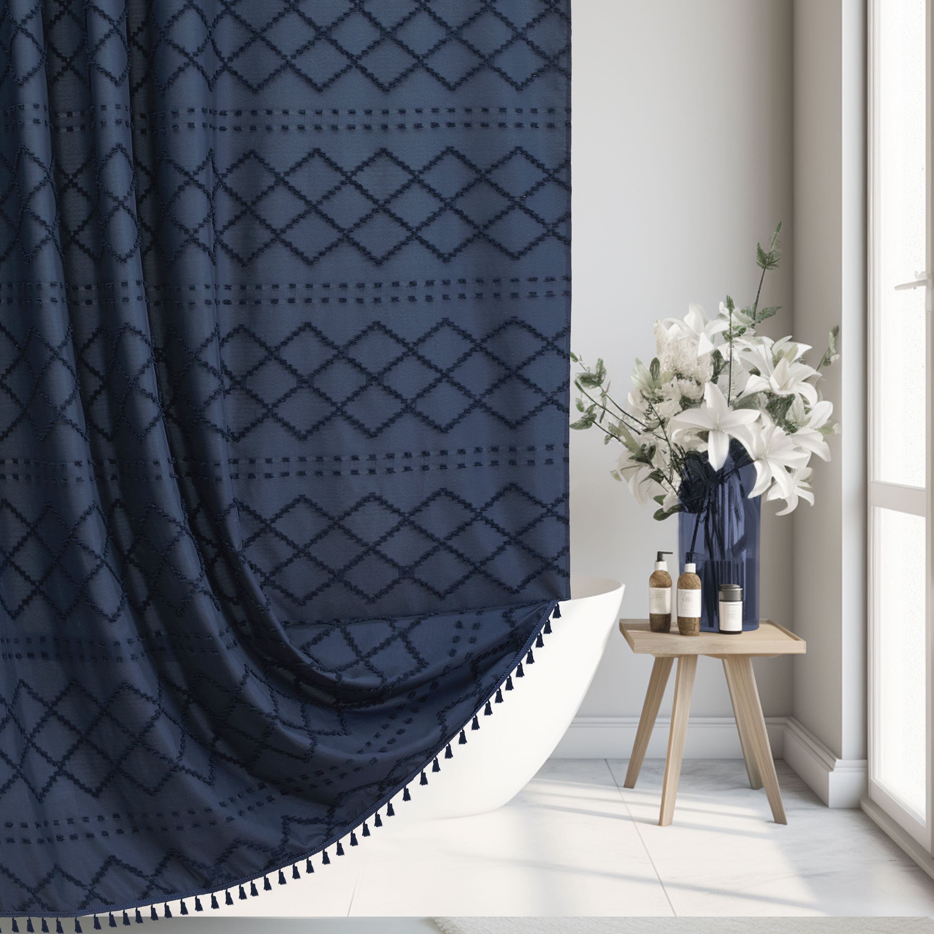 Siiluminisoy Boho Navy Blue Textured Shower Curtain for Bathroom，72 x