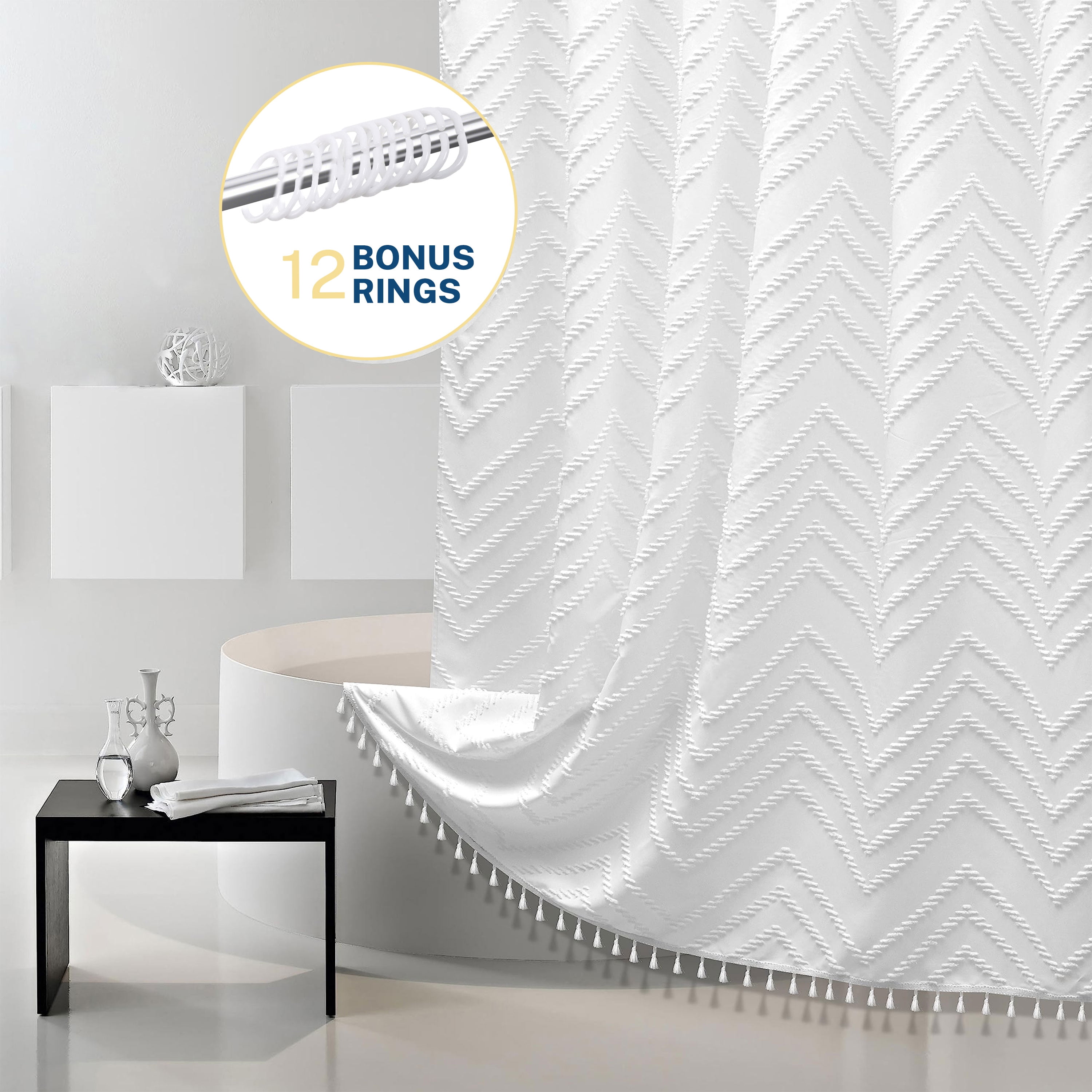 Siiluminisoy White Fabric Shower Curtains , Mildew-Resistant,Weighted-Hem Boho Bathroom Curtain,Water-Repellent, Machine-Washable,Chevron Textured Design,72 x 72