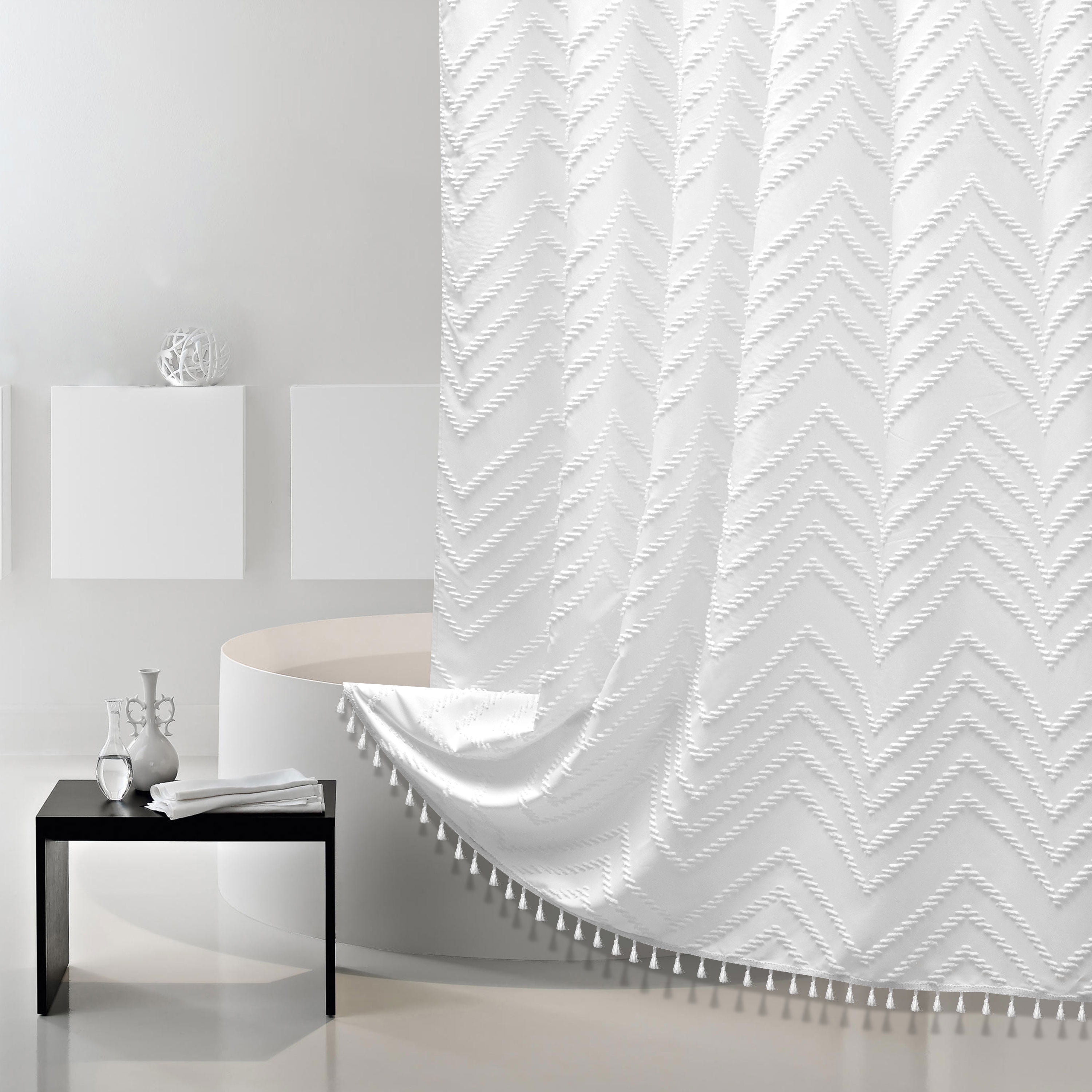 Siiluminisoy White Shower Curtain Set with Hooks,Fabric Tassel Shower ...