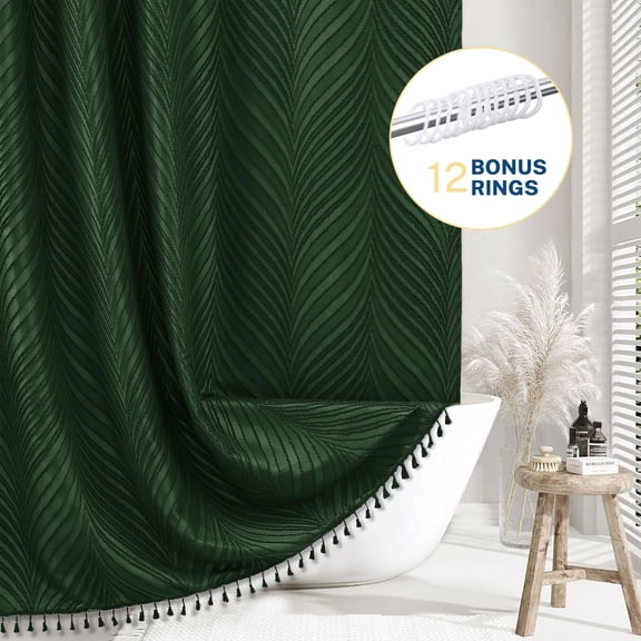 Siiluminisoy Dark Green Extra Long Shower Curtain,Heavy-Duty Mold/Mildew-Resistant,Water-Repellent, Machine-Washable,Boho Tufted Geometric Striped Design,72 x 72