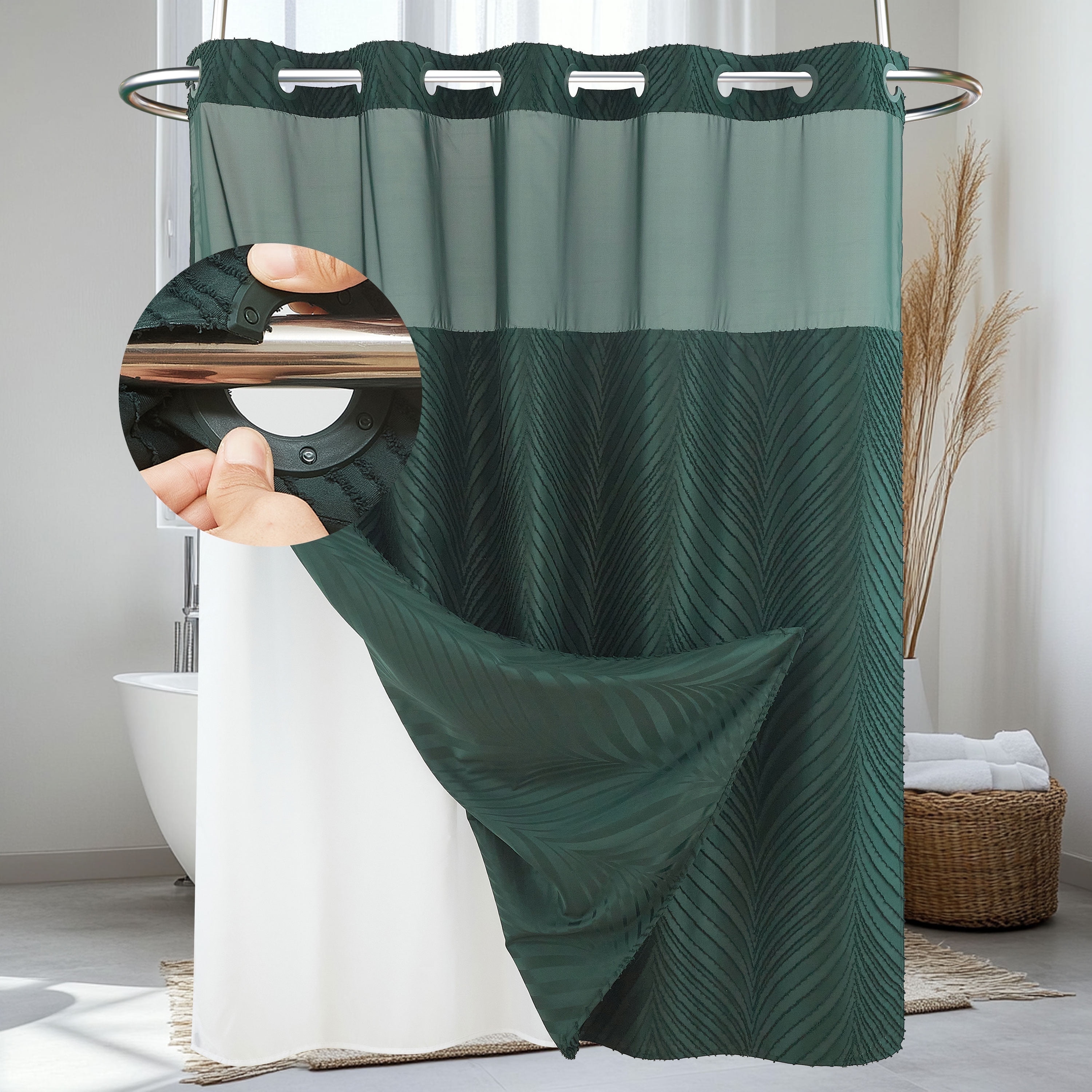 Siiluminisoy Dark Green Hookless Shower Curtain with Snap in Liner