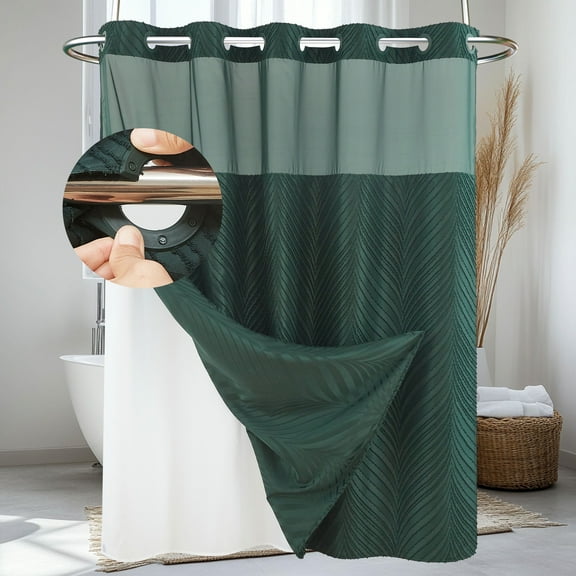 Siiluminisoy Dark Green Hookless Shower Curtain with Snap in Liner, Boho Tufted Geometric Striped Design Fabric No Hook Waterproof Mesh Window Bathroom Curtain, 71"X74"