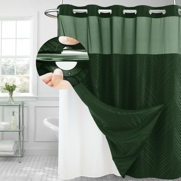 Siiluminisoy Dark Green Hookless Shower Curtain with Snap in Liner, Boho Tufted Geometric Striped Design Fabric No Hook Waterproof Mesh Window Bathroom Curtain, 71"X 86"