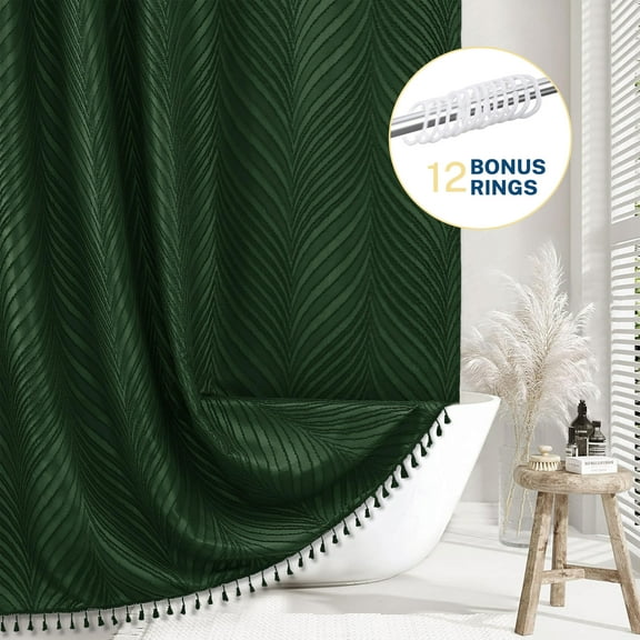 Siiluminisoy Dark Green Shower Curtain,Heavy-Duty Mold/Mildew-Resistant,Water-Repellent, Machine-Washable,Boho Tufted Geometric Striped Design,72 x 72