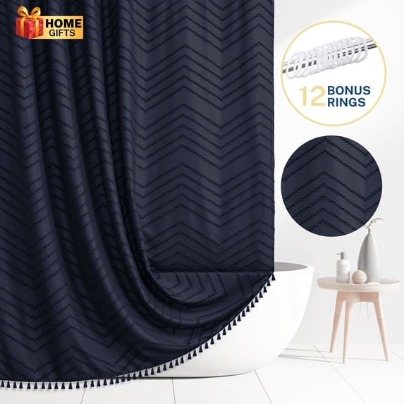 Siiluminisoy Navy Blue Extra Long Shower Curtains, Heavy-Duty Mold/Mildew-Resistant,Water-Repellent, Machine-Washable,Chevron Textured Design,72 x 78