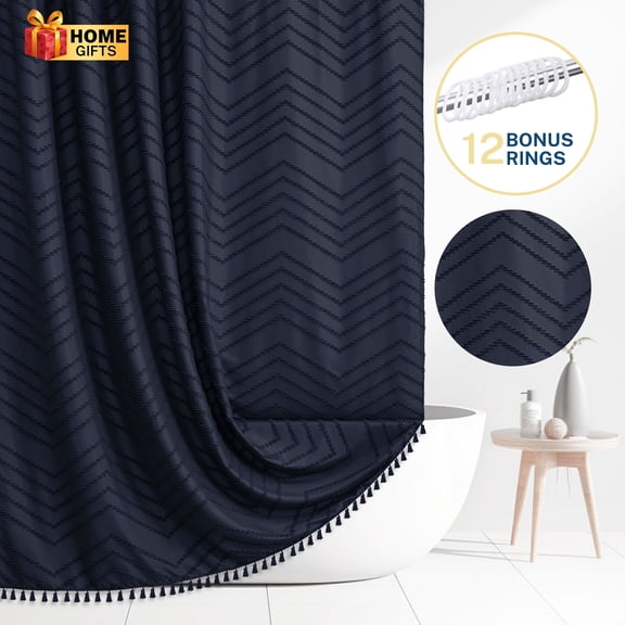 Siiluminisoy Navy Blue Extra Long Shower Curtains, Heavy-Duty Mold/Mildew-Resistant,Water-Repellent, Machine-Washable,Chevron Textured Design,72 x 78