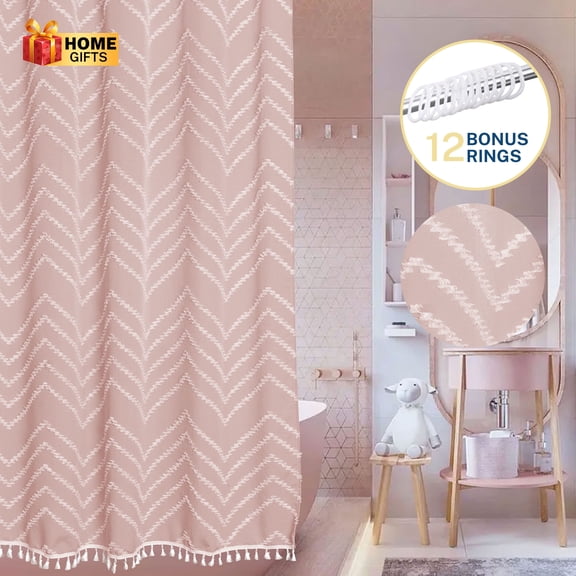 Siiluminisoy Pink Boho Shower Curtains,Heavy-Duty Mold/Mildew-Resistant,Water-Repellent, Machine-Washable,Chevron Textured Design,72 x 72