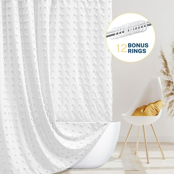 Siiluminisoy White Boho Shower Curtains, Heavy-Duty Mold/Mildew-Resistant,Water-Repellent, Machine-Washable,Tufted Pleat Floral Puffs Design,72 x 72