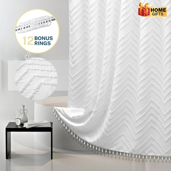 Siiluminisoy White Fabric Shower Curtains , Mildew-Resistant,Weighted-Hem Boho Bathroom Curtain,Water-Repellent, Machine-Washable,Chevron Textured Design,72 x 72