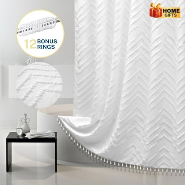 Siiluminisoy White Boho Shower Curtains With Hooks, Mildew-Resistant,Weighted-Hem Fabric Bathroom Curtain,Water-Repellent, Machine-Washable,Chevron Textured Design,72 x 72