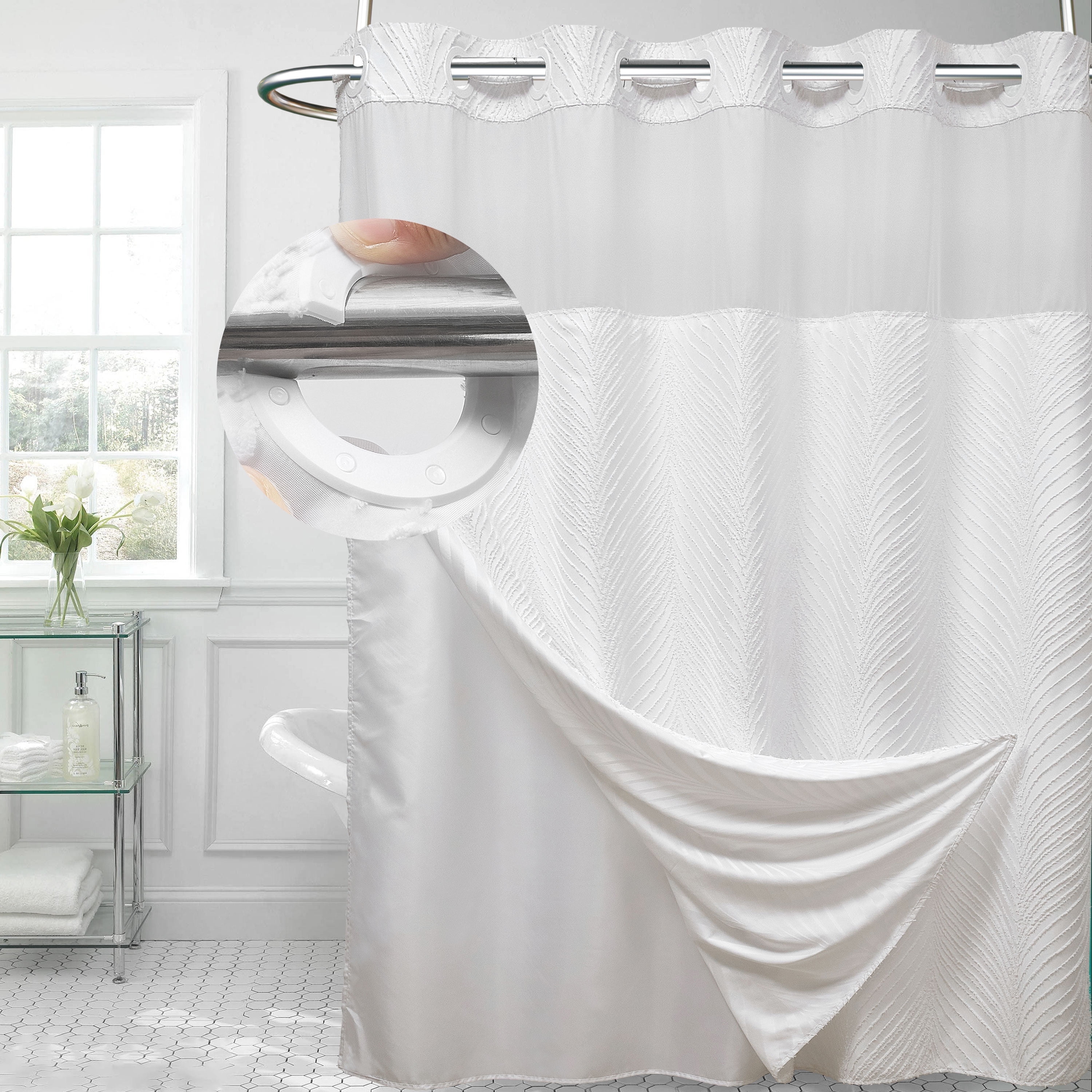 Siiluminisoy White Hookless Shower Curtain with Snap in Liner, Boho ...