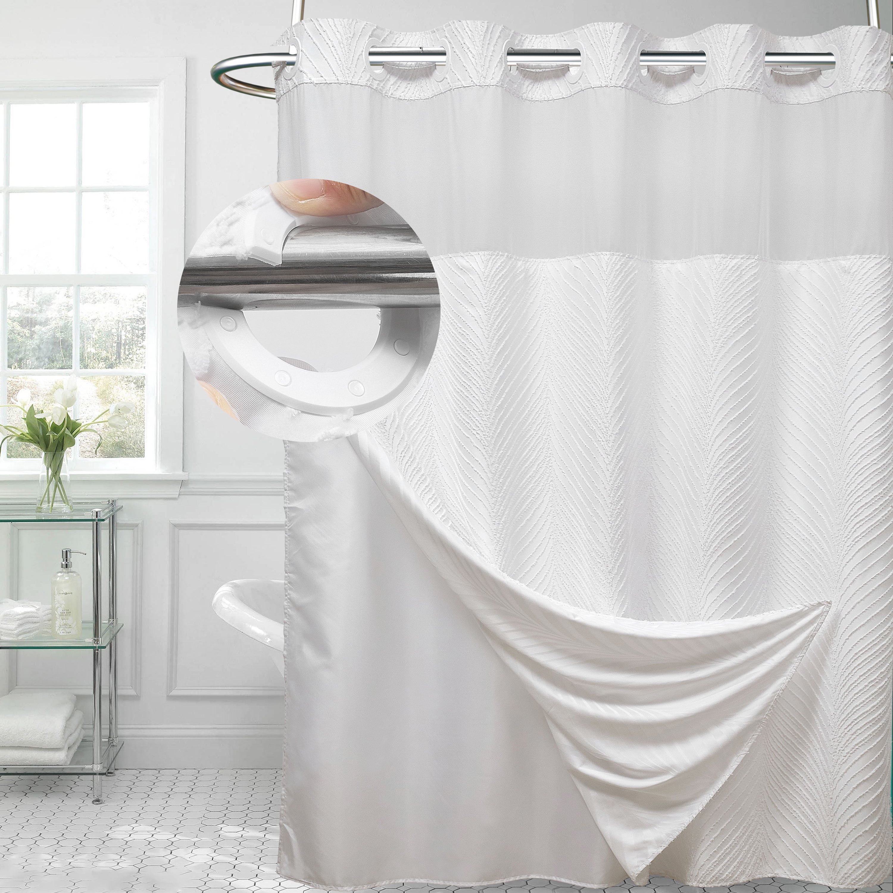 Siiluminisoy White Hookless Shower Curtain with Snap in Liner, Boho Tufted Geometric Striped Design Fabric No Hook Waterproof Mesh Window Bathroom Curtain, 71"X 86"
