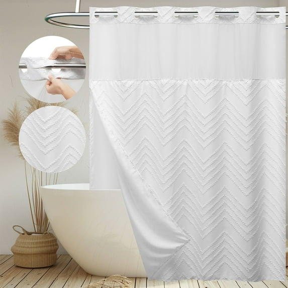 Siiluminisoy White No Hook Shower Curtain with Snap in Liner, Chevron Textured Design Fabric No Hook Waterproof Mesh Window Bathroom Curtain, 71"X74"