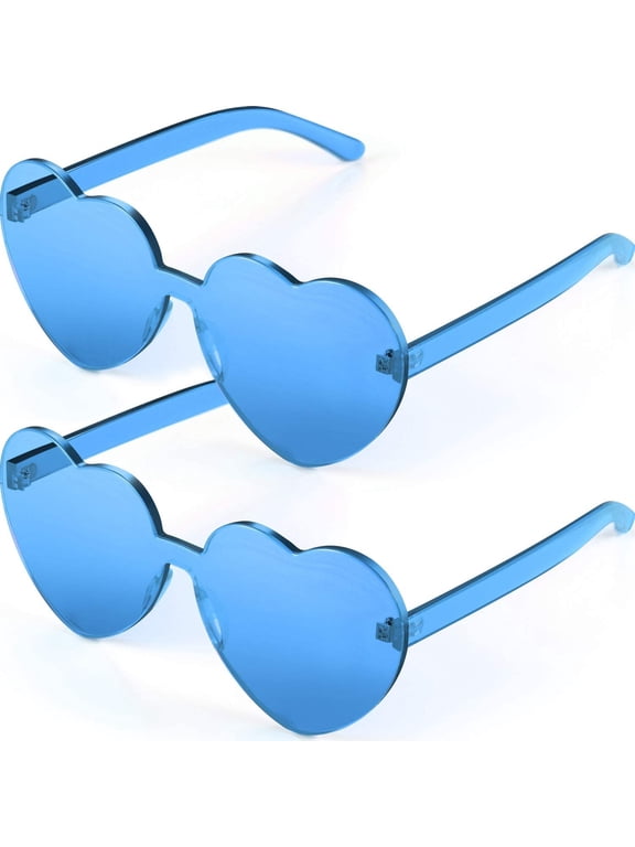 2 Pieces Heart Shape Rimless Sunglasses Transparent Candy Color Frameless Glasses for Women Love Eyewear - Blue