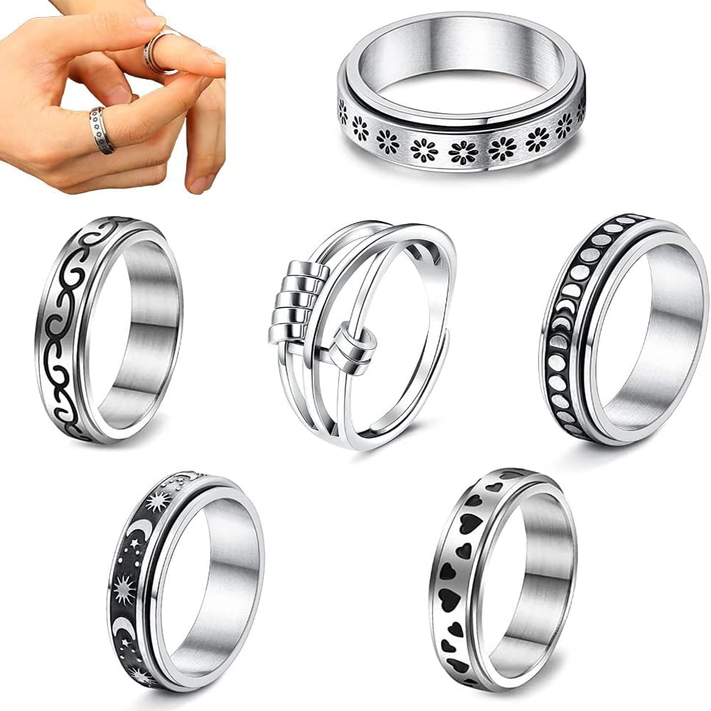 Siisll Fidget Ring Sterling Silver 6 Pcs Spinner Band Ring Plated Cletic Floral Moon Star Anxiety Ring Embossed Fidget Rings for Anxiety for Women Men