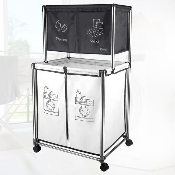 Siivton 2-Tier Laundry Hamper Sorter, Laundry Storage Organizer with Wheels Movable Rolling Laundry Baskets Cart, Bathroom Cart Clothes Shelf,Laundry Butler for Bathroom Bedroom Laundry Room