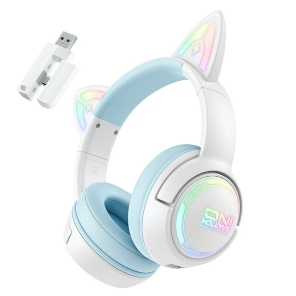 Siivton Cat Ear Wireless Bluetooth Gaming Headset with 2.4G Dongle, 50mm Drivers, 60H Playtime, Built-in Mic, RGB Lights for PC, PS5, PS4, Switch, Mobile,Blue