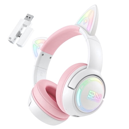 Siivton Cat Ear Wireless Bluetooth Gaming Headset with 2.4G Dongle, 50mm Drivers, 60H Playtime, Built-in Mic, RGB Lights – for PC, PS5, PS4, Switch, Mobile,Pink