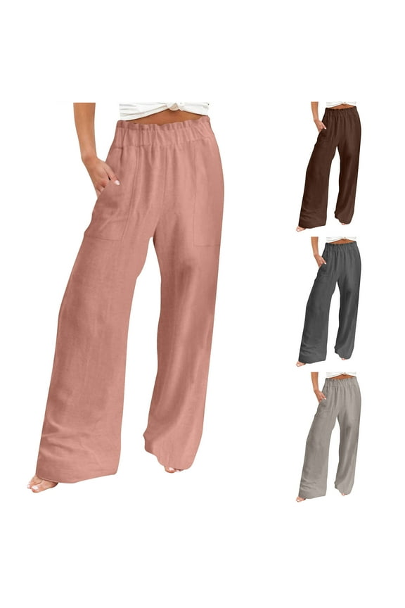2025 Beach Pants for Women Cotton Linen High Waist Wide Leg Lounge Palazzo Trousres Gray L